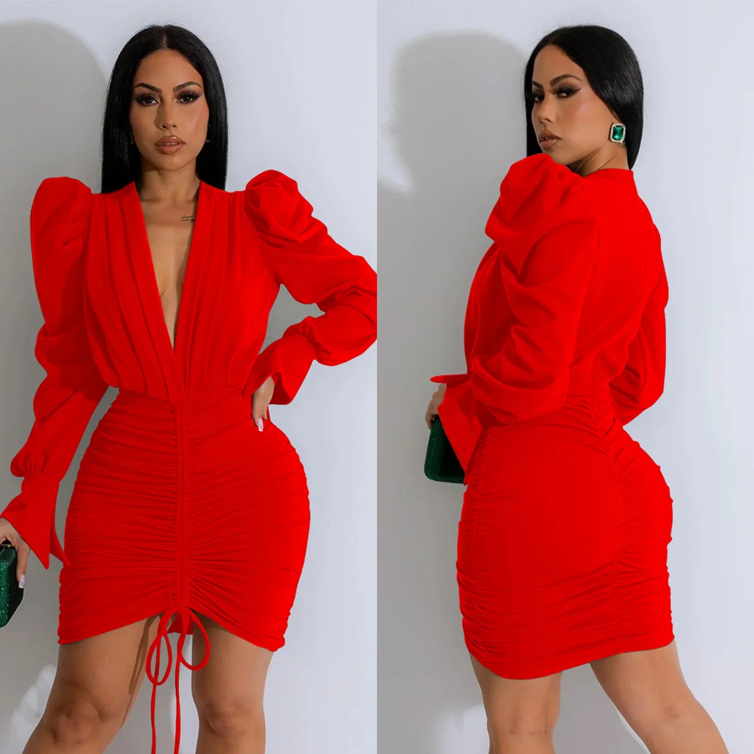 Puff Sleeve V Neck Pleated Mini Dress Lady Sexy Party Bodycon Evening Dresses Women Elegant Luxury Birthday Club Dresses