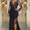 Plus Size Formal Knitted Black V Neck Long Sleeve Split See Through Lace Maxi Dresses