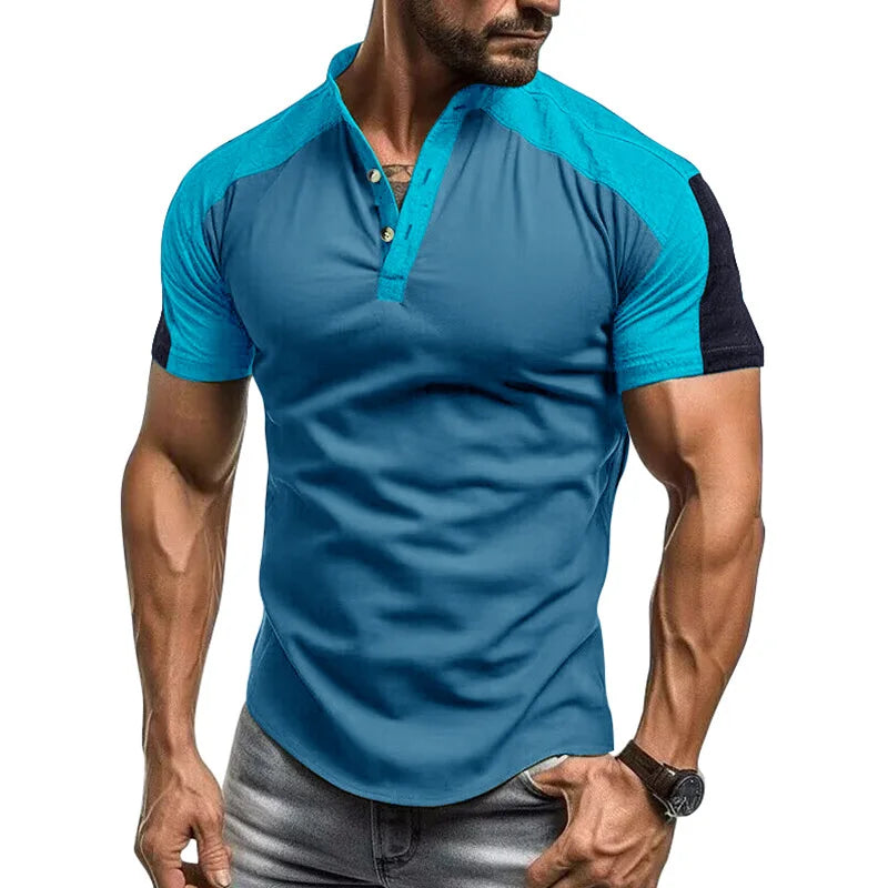 America Style Summer Fashion Men Contrast Color Patchwork Short Sleeve Henrry T-shirt Stand Collar Basic Tee Slim Fit Sport Tops