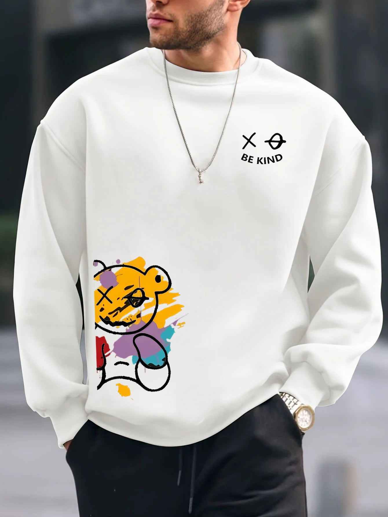 Men's autumn and winter fashionable casual loose BE KING bear cartoon printed fleece pullover round neck long sleeved sweatshirt