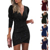 2020 Trendy Waist-Fitted Slimming Solid Color V-Neck Long Sleeve Tight Dress Ethnic Style Nightclub Dress For Women