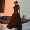 Chic Solid Slanted Collar Pleated A-line Maxi Dress Women's Elegant Sleeveless High Waist Slim Dresses Female Evening Robes