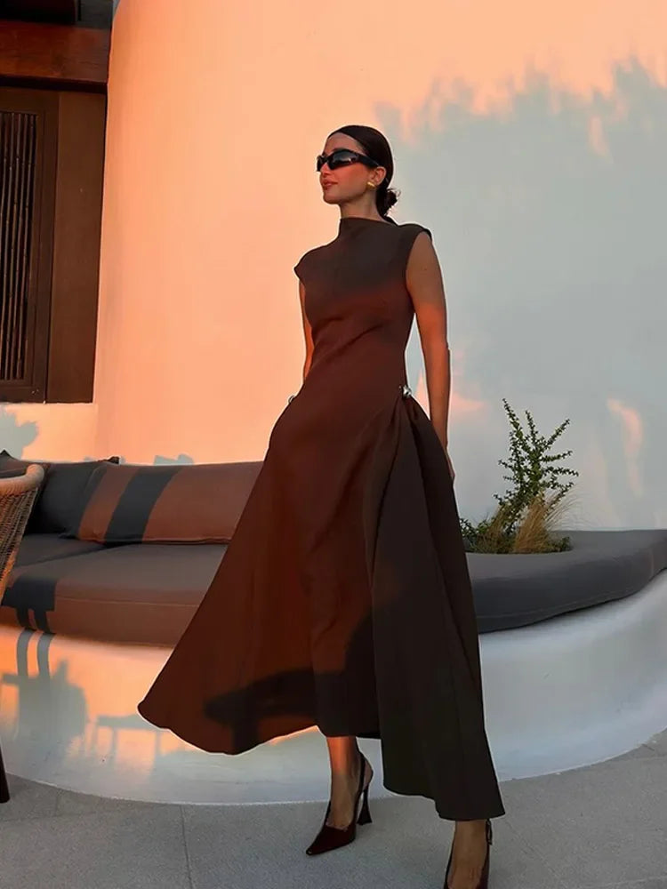 Chic Solid Slanted Collar Pleated A-line Maxi Dress Women's Elegant Sleeveless High Waist Slim Dresses Female Evening Robes