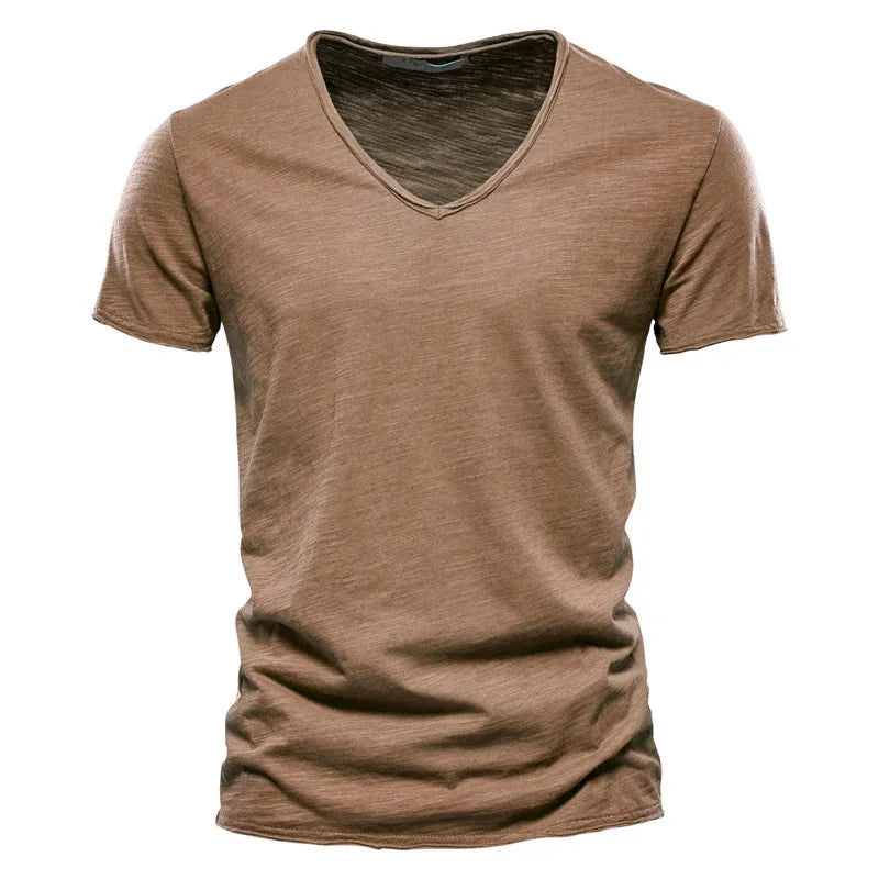 Brand Quality 100% Cotton Men T-shirt V-neck Fashion Design Slim Fit Soild Male Tops Tees Short Sleeve