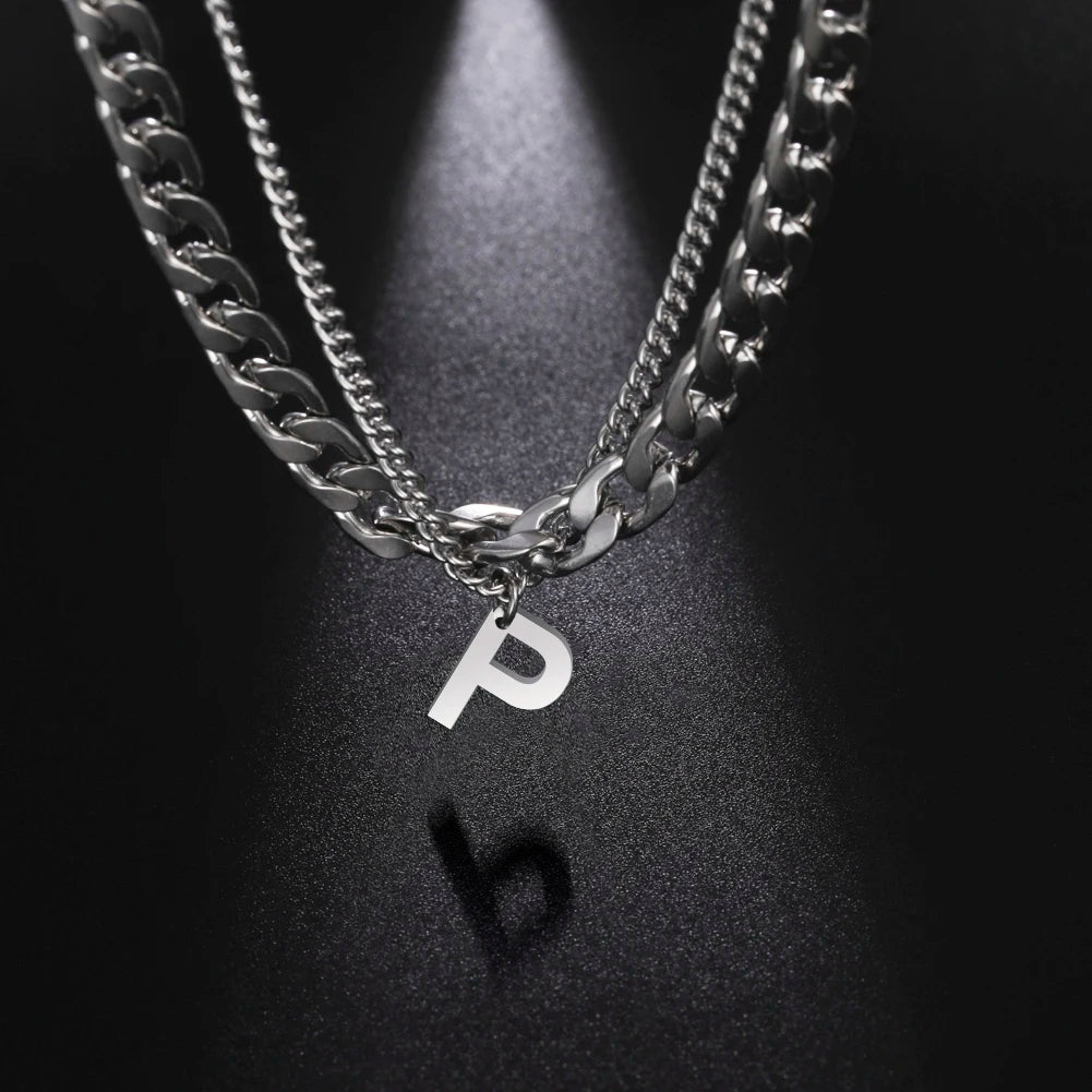 Stainless Steel Double Layer Necklaces for Men Women Simple 26 Letter Pendant Necklace Fashion Women's Jewelry for Party Gift