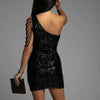 One Shoulder Cutout Allover Sequin Party Dress Women Sleeveless High Waist Evening Mini Dress Slim Sequined Solid Color