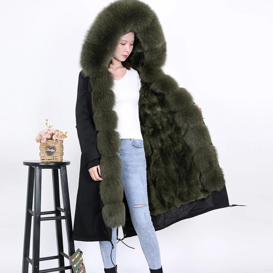 MAOMAOKONG NEW Women's winter coats fur coat Natural real raccoon fur collar jackets Rabbit lining parka Female X-Long