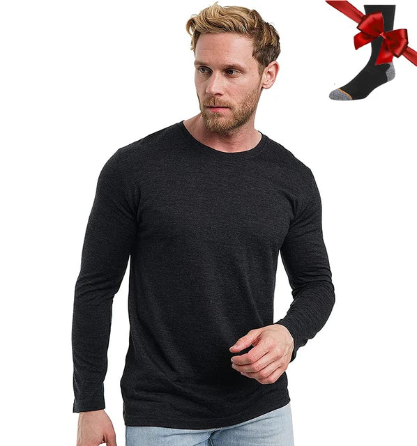 100% Merino Wool Base Layer Men Merino Wool Long Sleeve 240G Midweight Thermal Underwear Wicking Breathable Top + Hiking Socks