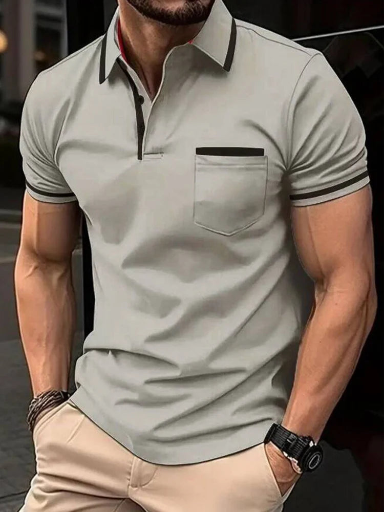 Men's casual fashion solid color short sleeve top lapel men's short sleeve T-shirt Casual fashion solid color top short sleeve