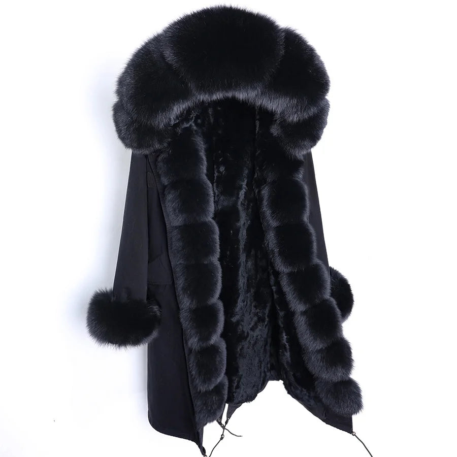 MAOMAOKONG NEW Women's winter coats fur coat Natural real raccoon fur collar jackets Rabbit lining parka Female X-Long