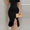 Fashion Autumn Winter  Solid Color Party Off Shoulder Dress Sexy Round Neck Out Sleeve Split Hip Skirt Elegant Slim Women Dress