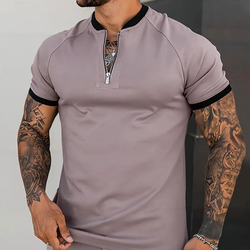 Casual England Style short Sleeve T Shirt Men's Vintage Solid Zipper O Collar Polo Pullover Summer Clothing Men's Shirt