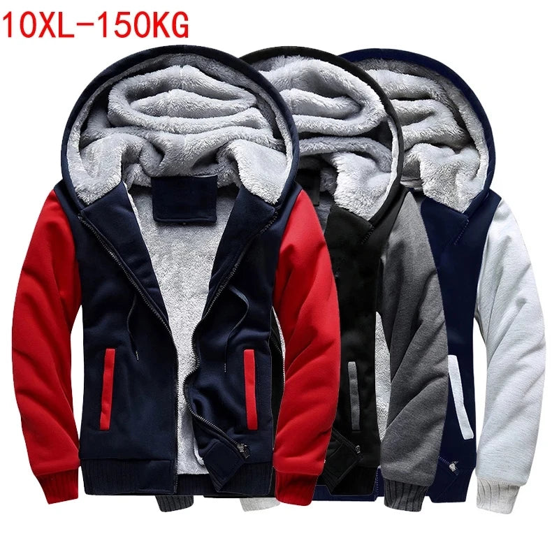 Winter men thick Sweatshirts fleece hoodies hooded jackets warm 8XL 9XL large size big 10XL black Sweatshirt zipper 150KG 54