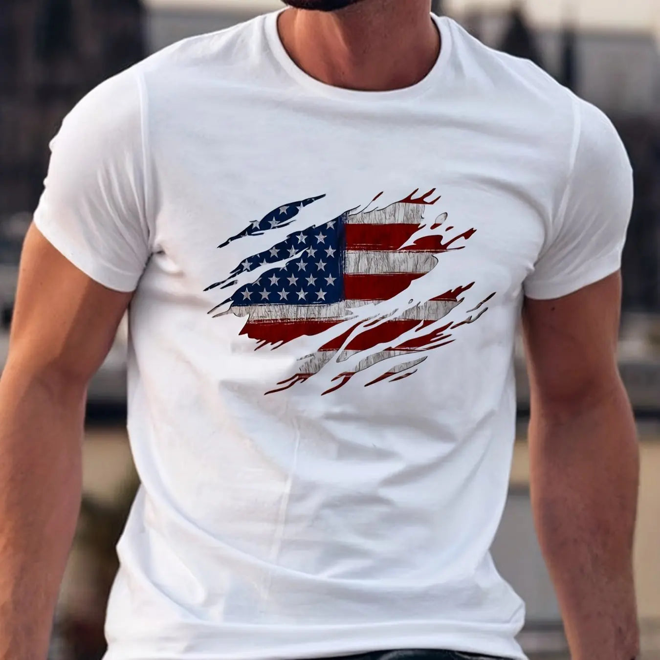 Men's Summer Casual Loose Size 100% Cotton Trendy American Flag Pattern Print Round Neck Short Sleeve T-shirt Top