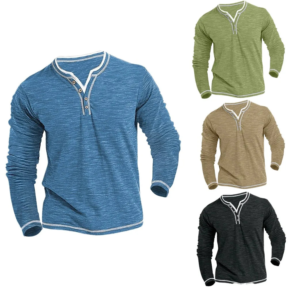 New Cotton Small V-neck T-shirts Men's Casual T-shirt Fall Winter Long-sleeved Comfortable Soft Stretch Henley Shirt