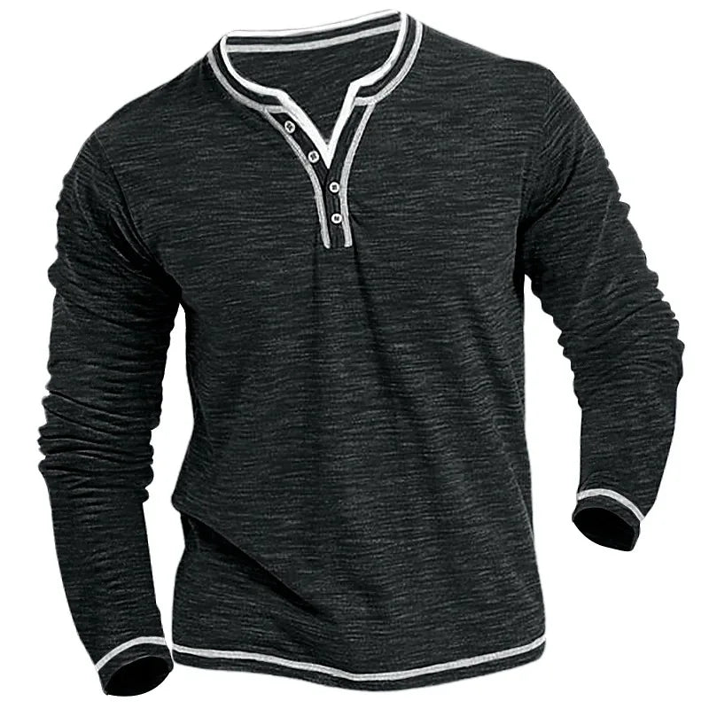 New Cotton Small V-neck T-shirts Men's Casual T-shirt Fall Winter Long-sleeved Comfortable Soft Stretch Henley Shirt