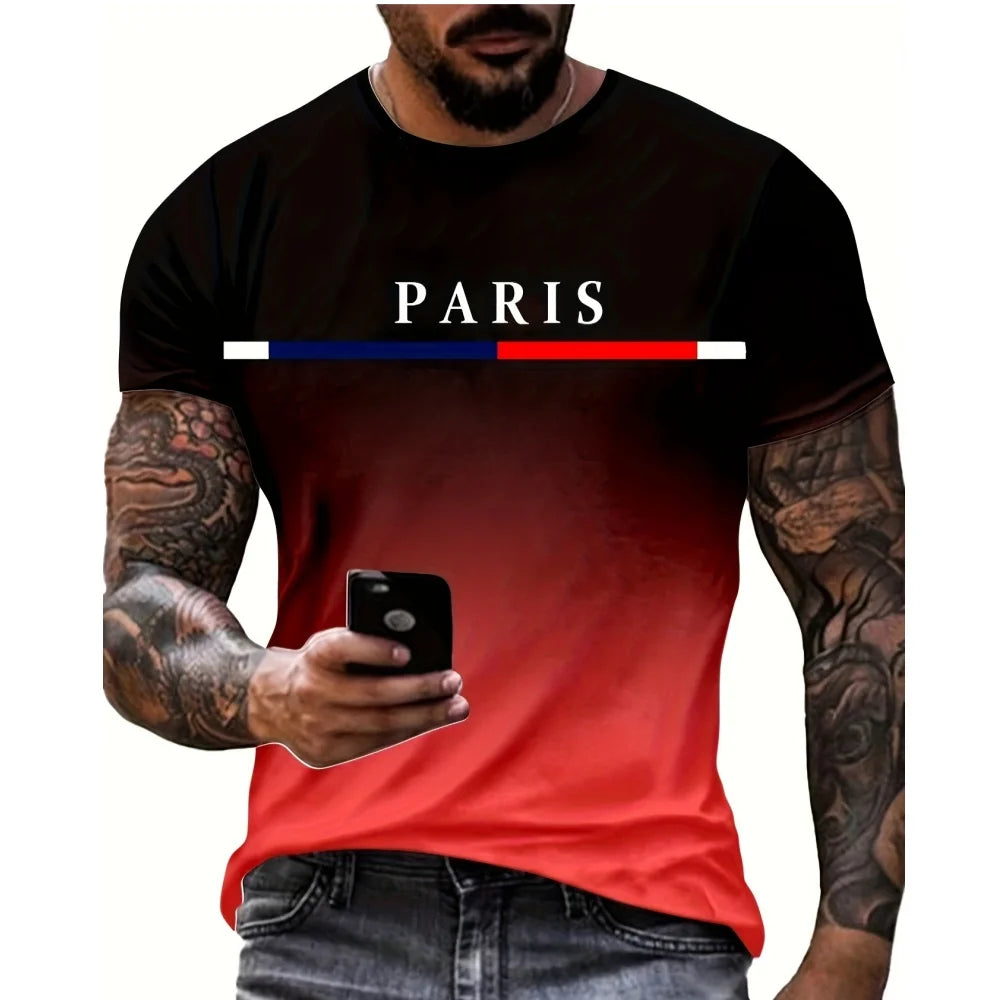 Fashion T-shirt For Men Gradient Color Paris Graphic 3D Printed T-shirts Casual Short sleeved Tees Oversized Men's Clothing Tops