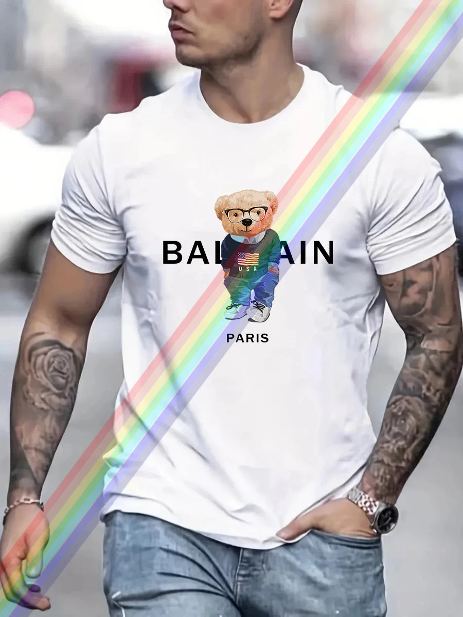 Luxury Brand USA Bear Paris Print T Shirt For Man Summer Vintage Unisex Oversized T-shirt Y2k Tops Short Sleeve Men's