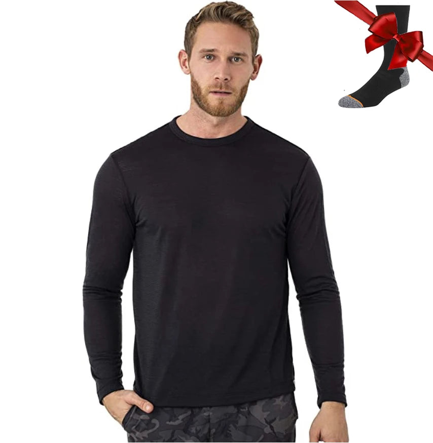 100% Merino Wool Base Layer Men Merino Wool Long Sleeve 240G Midweight Thermal Underwear Wicking Breathable Top + Hiking Socks