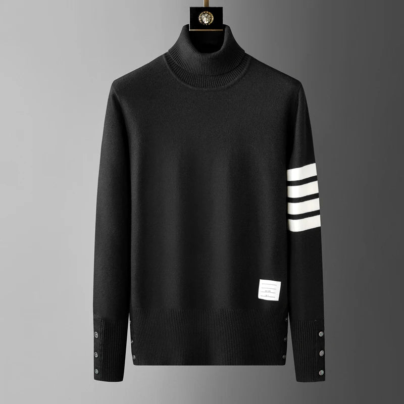 High end brand sweater men high neck autumn/winter New classic four stripe trend hem split Korean casual versatile pullover