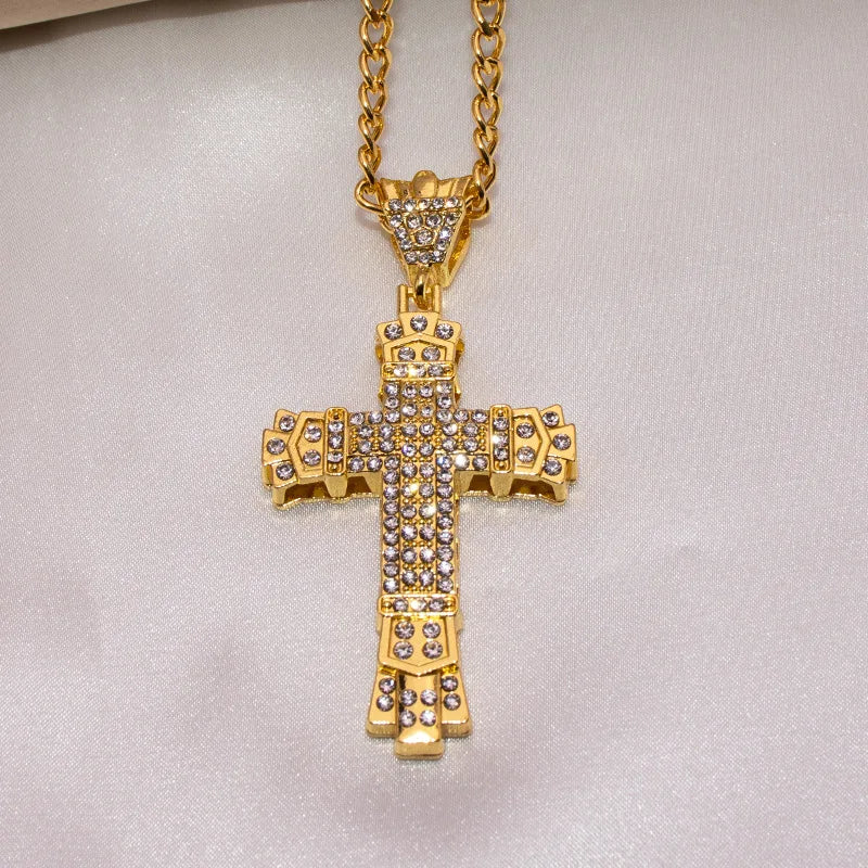 1 Simple Style MEN'S Rhinestone Christian Cross Rhinestone Pendant Necklace Personality Fashion Street Domineering Chain Jewelry