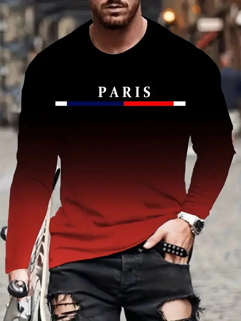 Men's gradient color Paris pattern printed T-shirt fashion casual long sleeved round neck outdoor sports T-shirt men's clothing