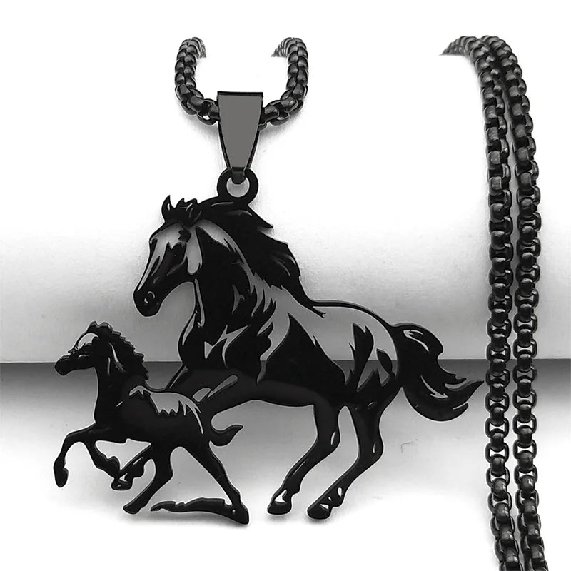 Big Horse With Pony Pendant Necklace for Women Men Stainless Steel Animal Running Horse Hollow Necklaces Jewelry Birthday Gifts