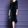 Dark Green Autumn Women's Solid V-neck Gold Velvet Three Quarter Sleeved Fishtail Skirt Spring Elegant and Stylish Dress