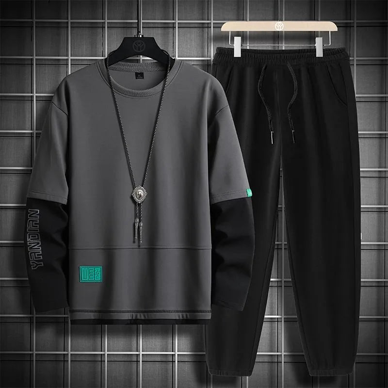 Spring and Autumn New Fashion Long-Sleeved T-shirt Set Men's Casual Relaxed Comfortable Breathable Sports Two-Piece Set