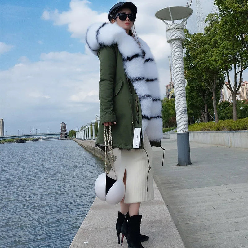 MAOMAOKONG Winter Women Real Fur Coat Fox Fur Liner Warm Jacket With Natural Fur Collar Silver Fox Big Collar Long Parkas