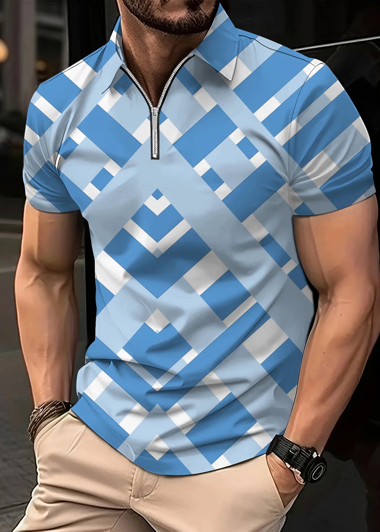 Stripe Print Short Sleeved Shirt Flip Collar Large Casual Shirt Men's Polo Shirts