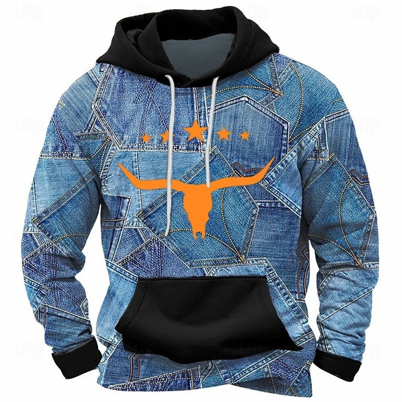 Blue Patchwork Print Hoodie Hip Hop Street Men Clothes Oversized Hooded Coat Personality Fashion Trend Y2k Harajuku New Hoodies