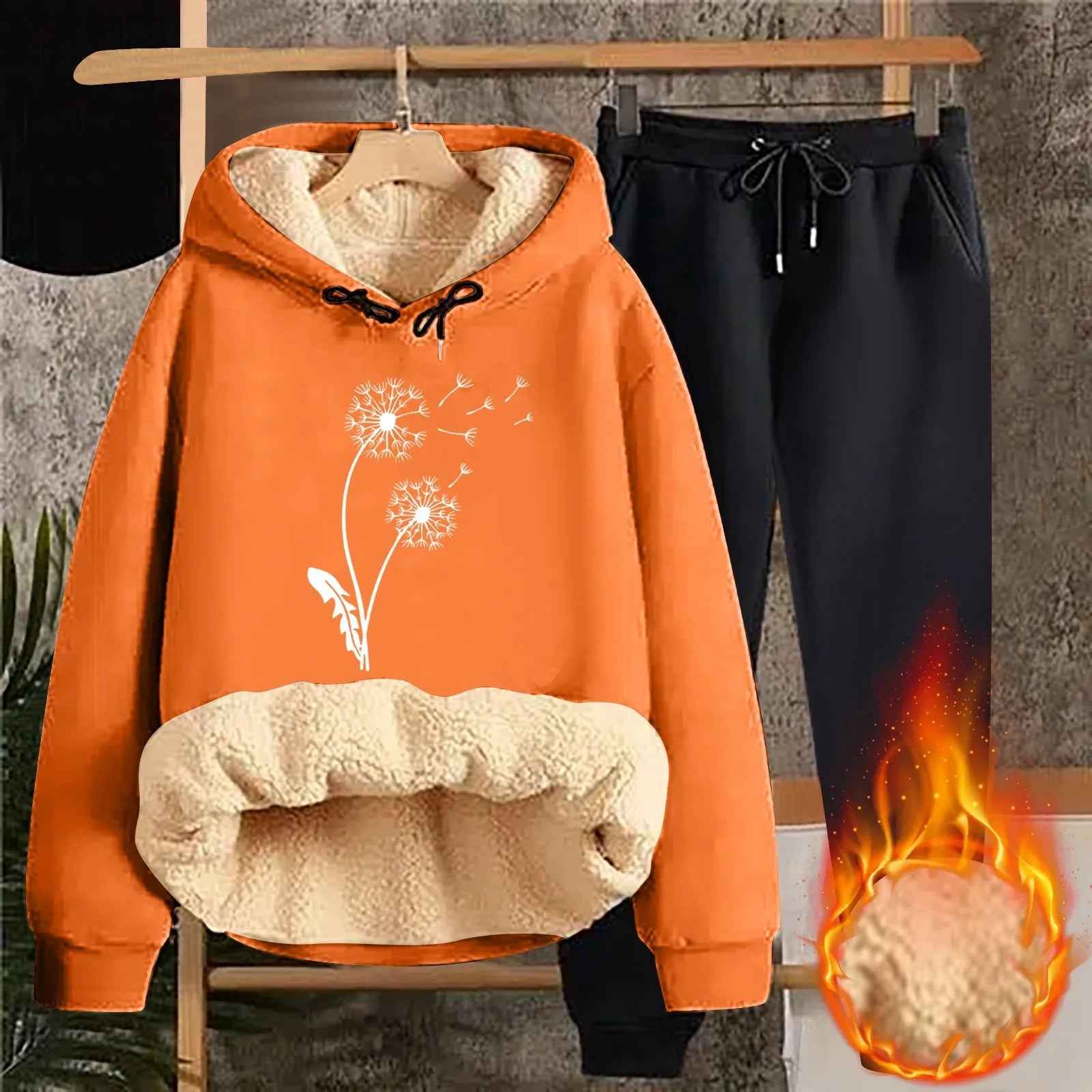 Women's Winter Thickened Velvet Warm 2 Pieces Trucksuit Set Solid Color Sherbet Hooded Sweatshirt and Drawstring Jogger Pants