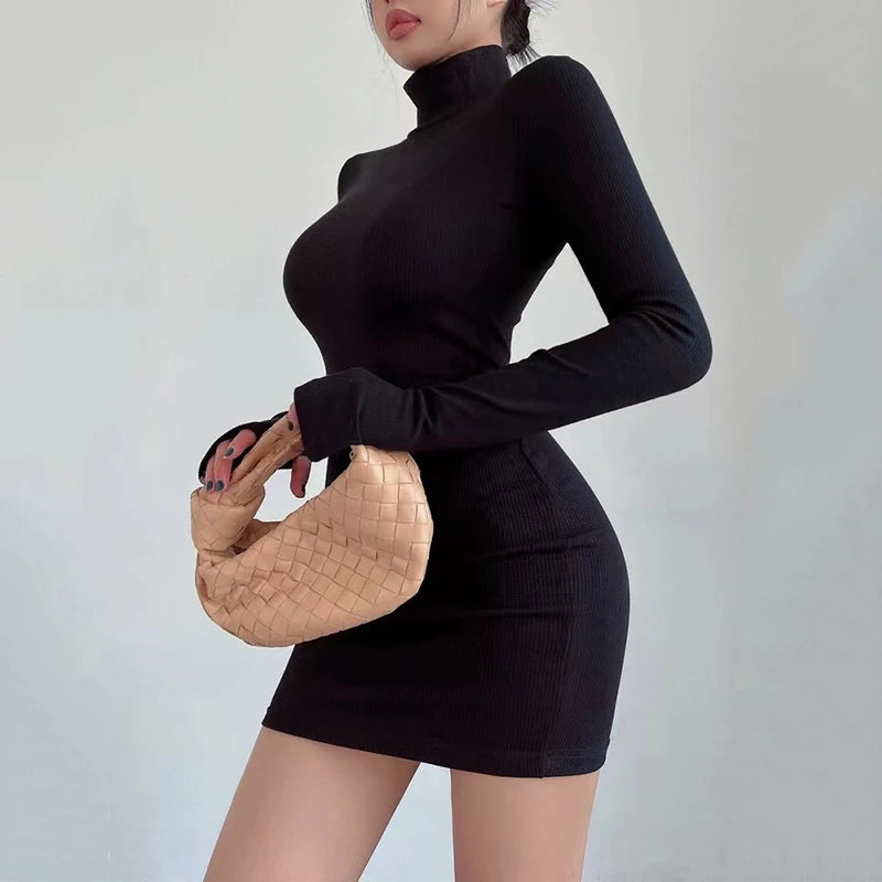 Black Half Turtleneck Mini Dress Women Y2K Long Sleeve Sexy Slim Hip Dress Fall Winter Ladies Streetwear Party Club Vestidos