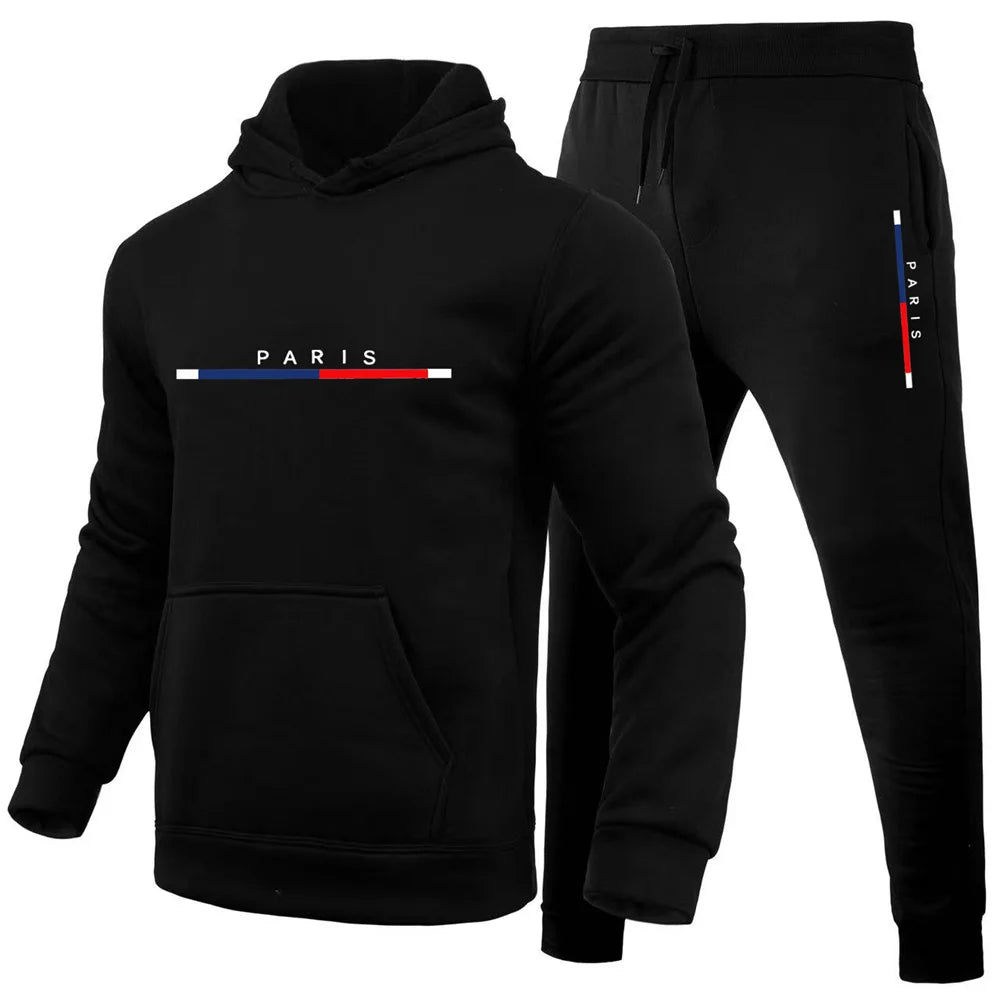 Paris Print, Men's 2Pcs Outfits, Casual Hoodies Long Sleeve Pullover Hooded Sweatshirt And Sweatpants Joggers Set For Spring Fal