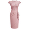 Women's Elegant Floral Lace Ruffle Cap Sleeve Cocktail Party Knee Length Dress