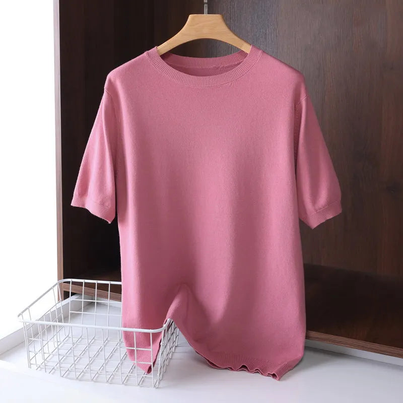 Superfine Merino Cashmere T Shirt Men's Knitted O-neck Breathable Thin Cashmer Short Sleeve Tee Solid Color Tops Tee