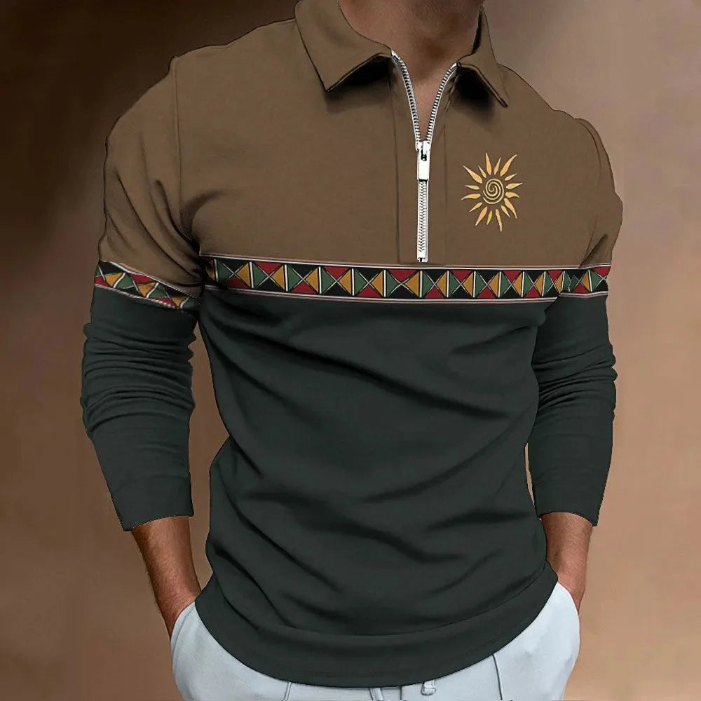 Mens Polo Shirts Retro Color Blocking Print Fashion Sport Lapel Golf Wear Men's T-Shirt Tops Casual Zipper Long Sleeve Clothing