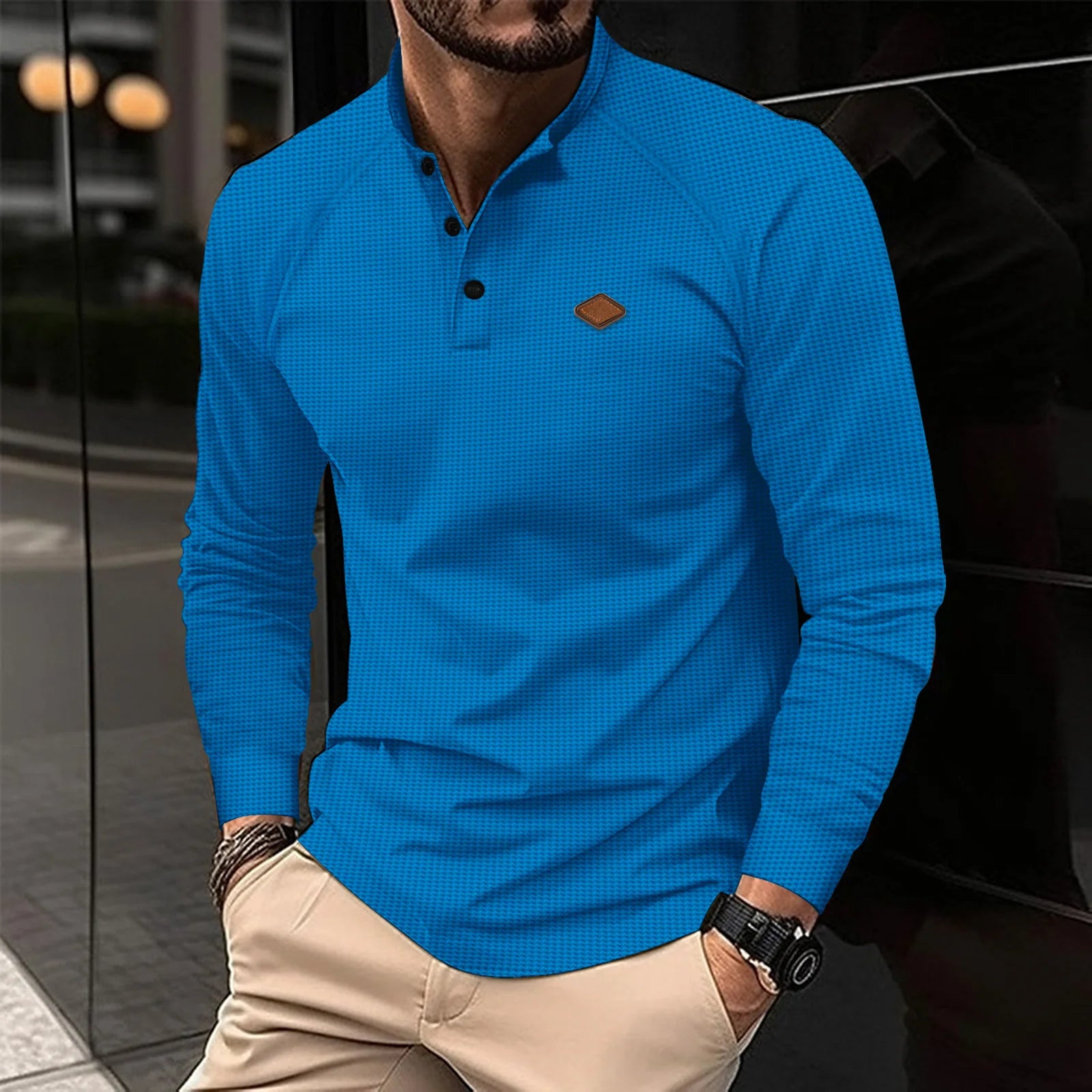 POLO shirt lapel solid color long sleeve casual sports shirt