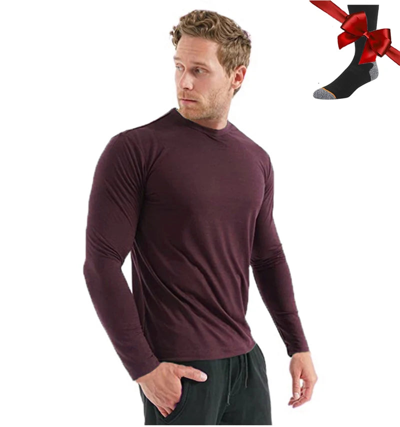 100% Merino Wool Base Layer Men Merino Wool Long Sleeve 240G Midweight Thermal Underwear Wicking Breathable Top + Hiking Socks