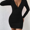 Sexy Pleated Bodycon Dress, Casual Long Sleeve V-neck Waist Fall Winter Dresses, Women's Clothing