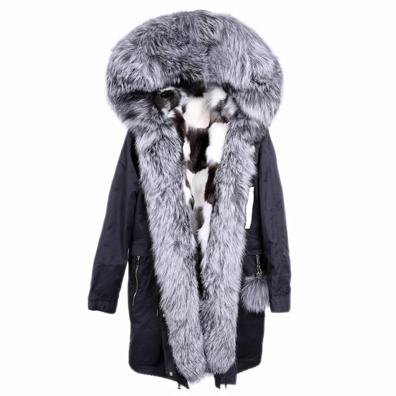 MAOMAOKONG 2023 Red Fox Fur Liner Parkas Real Fur Collar Coat Thick Warm Female Inner Fur Luxury Jacket Woman