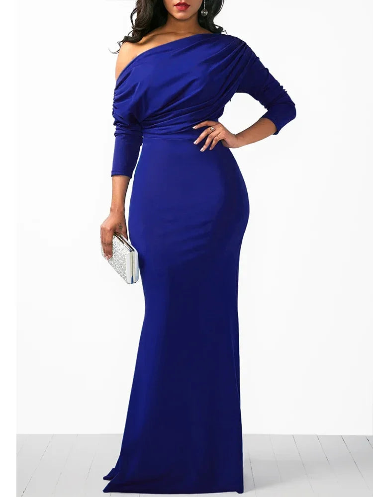 Oblique Shoulder Long Sleeved Pleated Evening Dress Vestidos De Mujer Elegant Maxi Robe Female