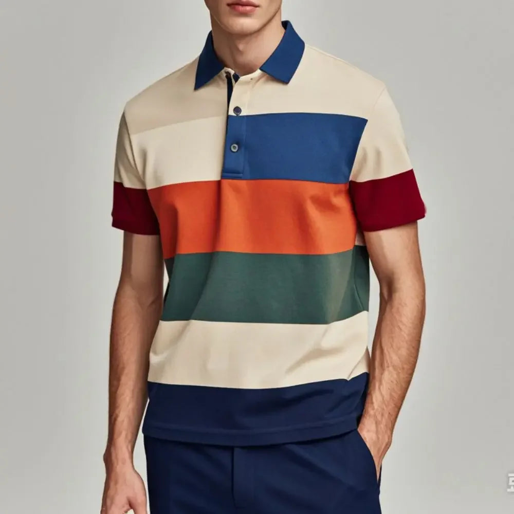 Men's Polo T-Shirt Streetwear Fashion Stripe Printing Summer New Short Sleeves Button Tops Oversized Casual Golf High-quality