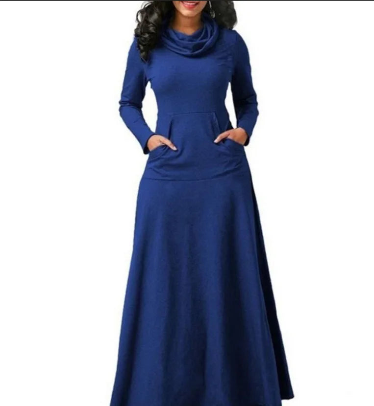 Plus Size 3XL Elegant Long Maxi Dresses Spring Winter Warm High Collar Women Long-sleeved Dress Woman Clothing With Pocket