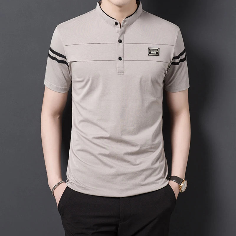 Men's Fashion Summer POLO T-shirt Casual Cotton Breathable Top Stand Up Neck Short Sleeve Korean Comfortable T-shirt