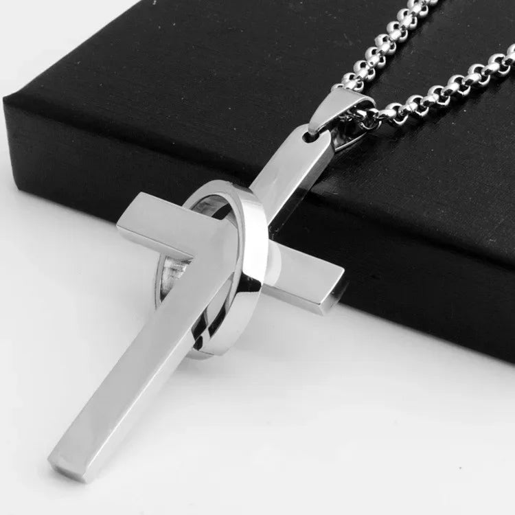 Simple Cross With Circle Pendant Necklaces Stainless Steel Chain Christ Cruz Necklace For Men Boys Cool Neck Jewelry Collier