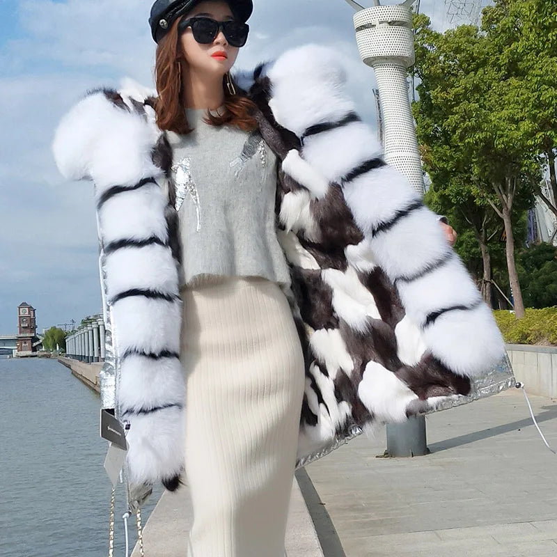 MAOMAOKONG Winter Women Real Fur Coat Fox Fur Liner Warm Jacket With Natural Fur Collar Silver Fox Big Collar Long Parkas