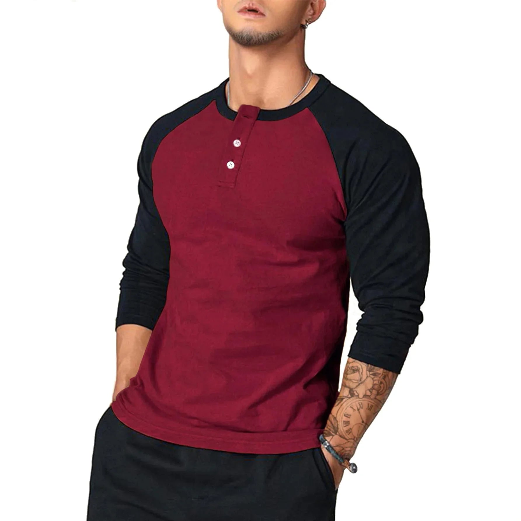 New Men's Casual T-shirt Men's Round Neck Slim Arm Color-blocked Long Sleeve T-shirt European and American Base Shirt