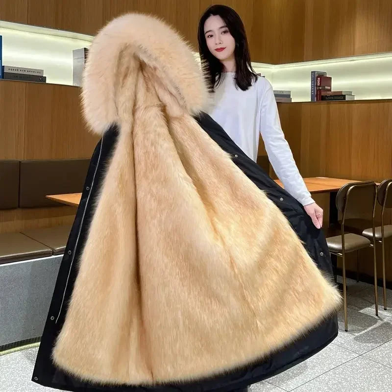 Winter Warm Coat Fox Fur Jacket 2023 New Hooded Black Imitation Fur Woman Parkas Mulher Parkas Women's Jacket Red Fur Coats